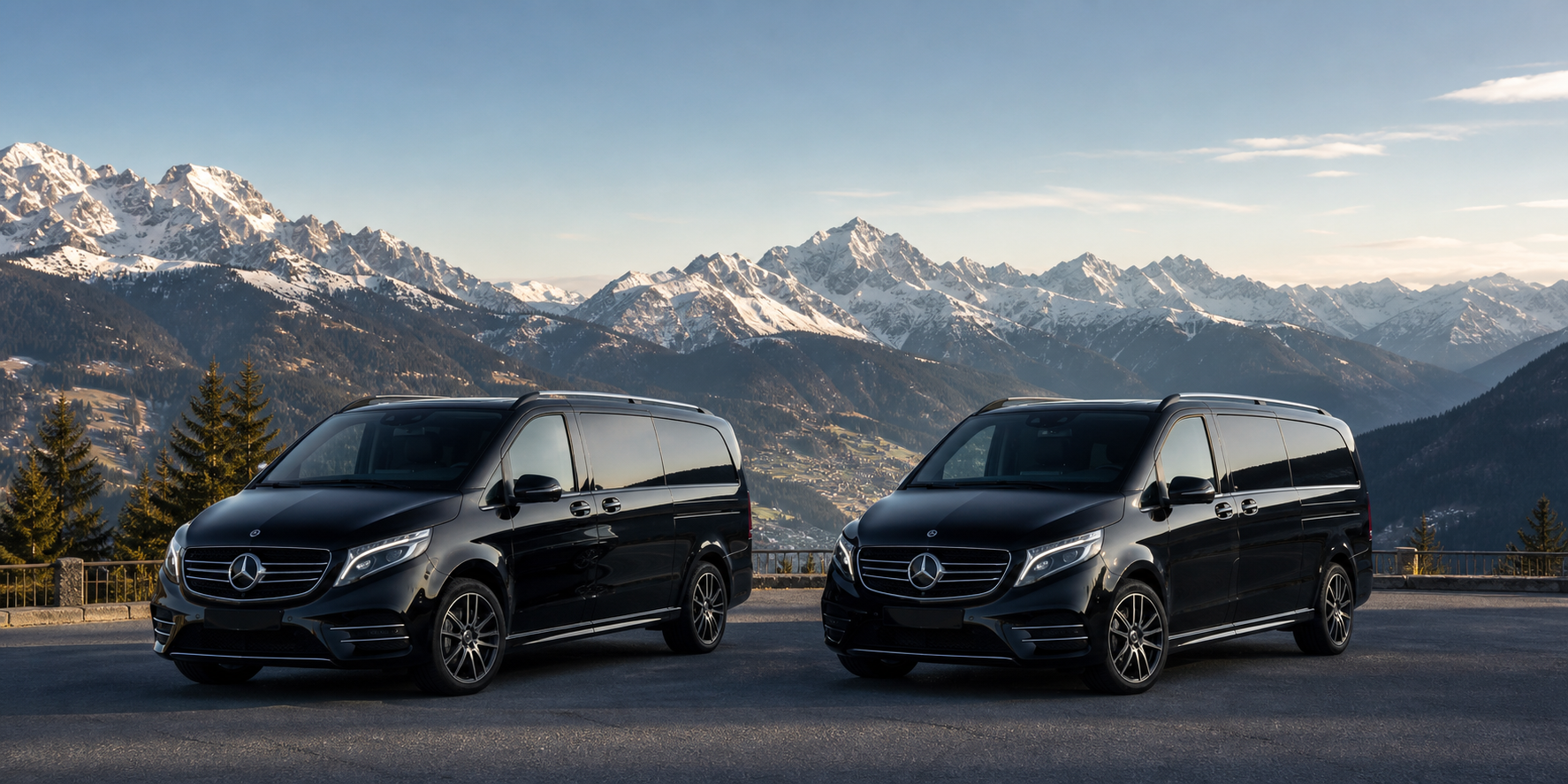 Premium Mercedes chauffeur fleet in a Swiss alpine landscape