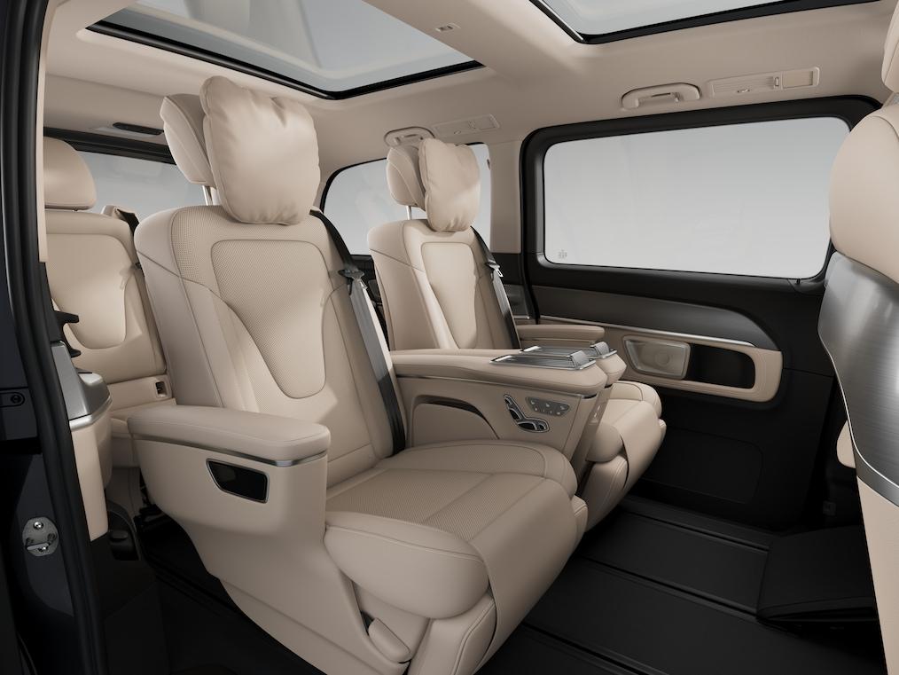 Cream leather interior of a Mercedes V-Class chauffeur vehicle