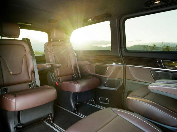 Luxury Mercedes V-Class passenger cabin at sunset