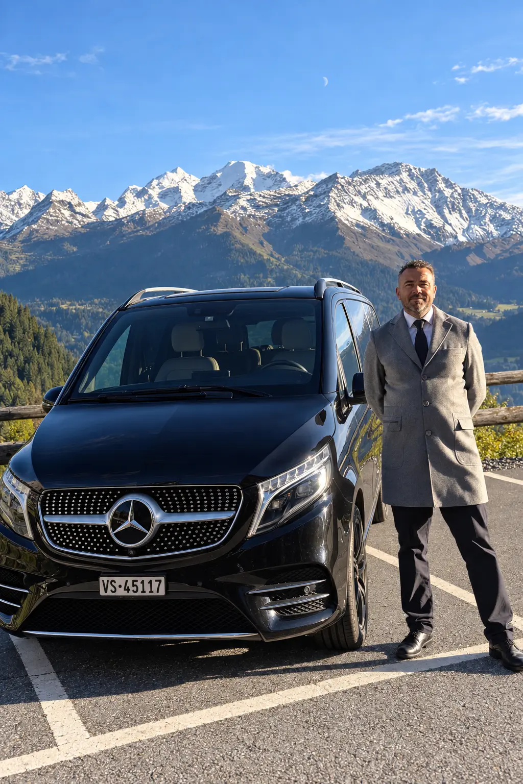 Cédric Dépinay, Founder & Manager of Gentleway, beside the Mercedes V-Class in the Swiss Alps