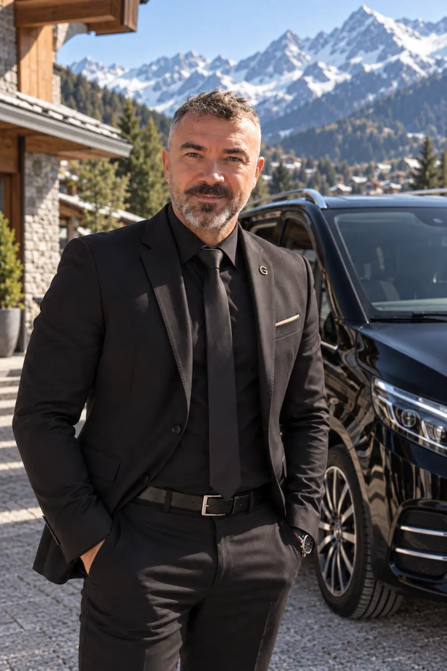 Cédric, founder and private chauffeur at Gentleway, with the Mercedes V-Class in Verbier